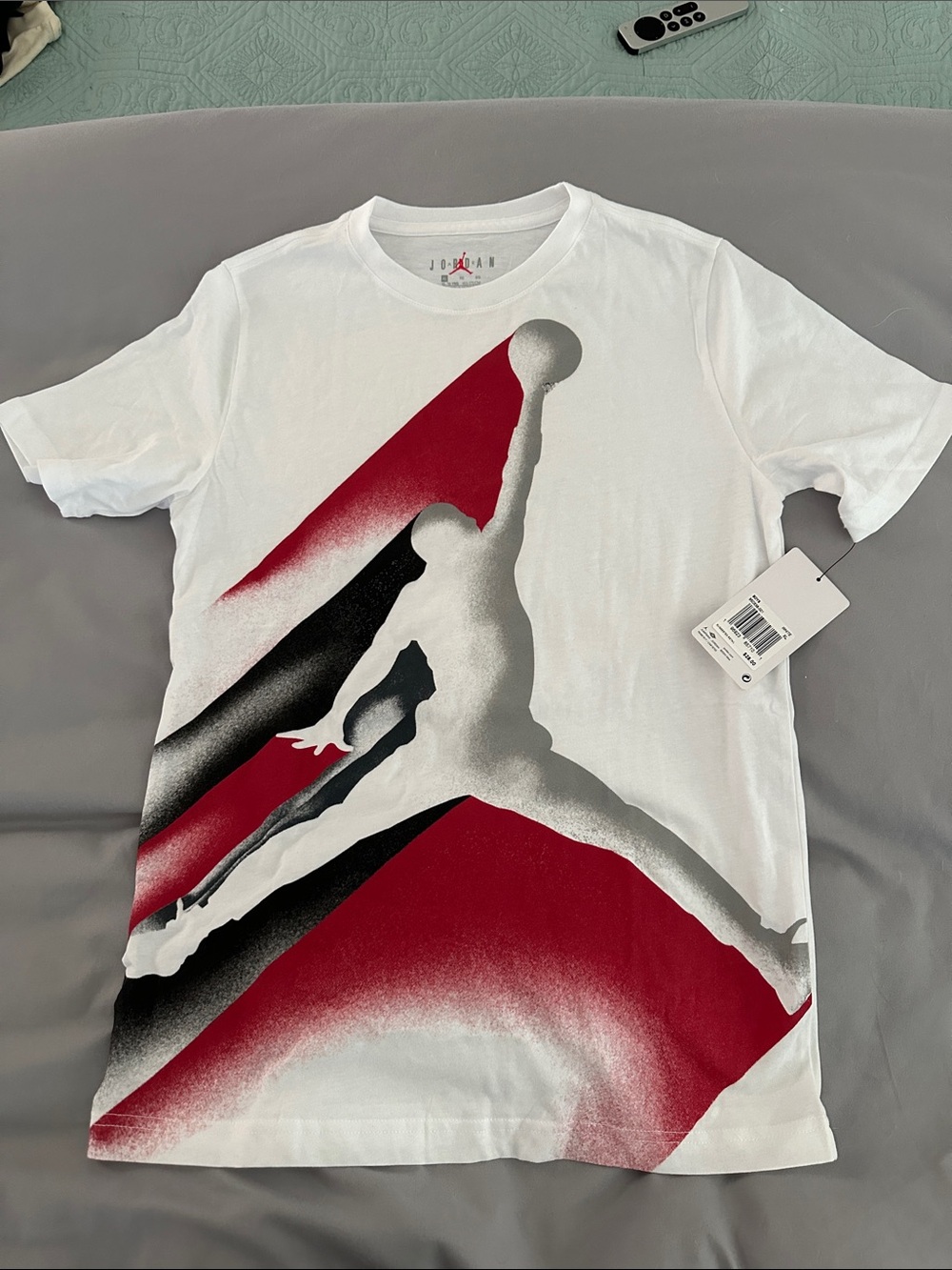 Jordan White Short Sleeve Tee with Red & Black Jumpman Graphic